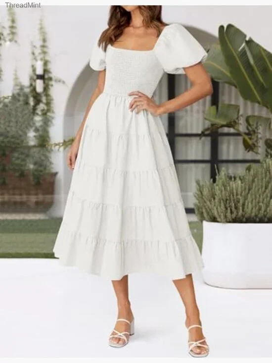 Summer Square Neck Puff Sleeve Smocked Midi Dress High Waist Flowy Tiered - Picture 5 of 7